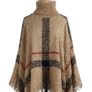 Striped Turtleneck Sweater Tassel Poncho Capes Shawl